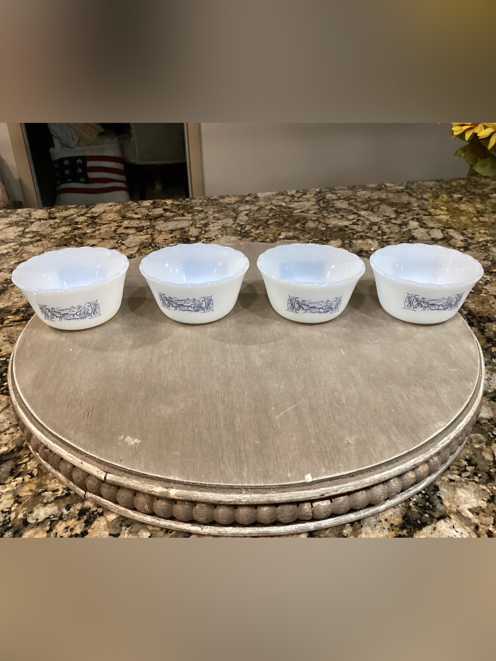 Currier & Ives blue custard cups set of 4